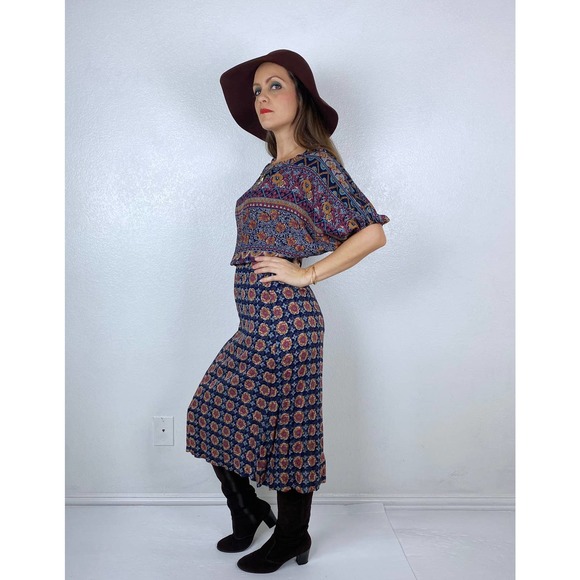 vintage 70s Wide Sleeve FLORAL PRINT Boho DRESS Small peasant dolman sleeve midi - Picture 7 of 10